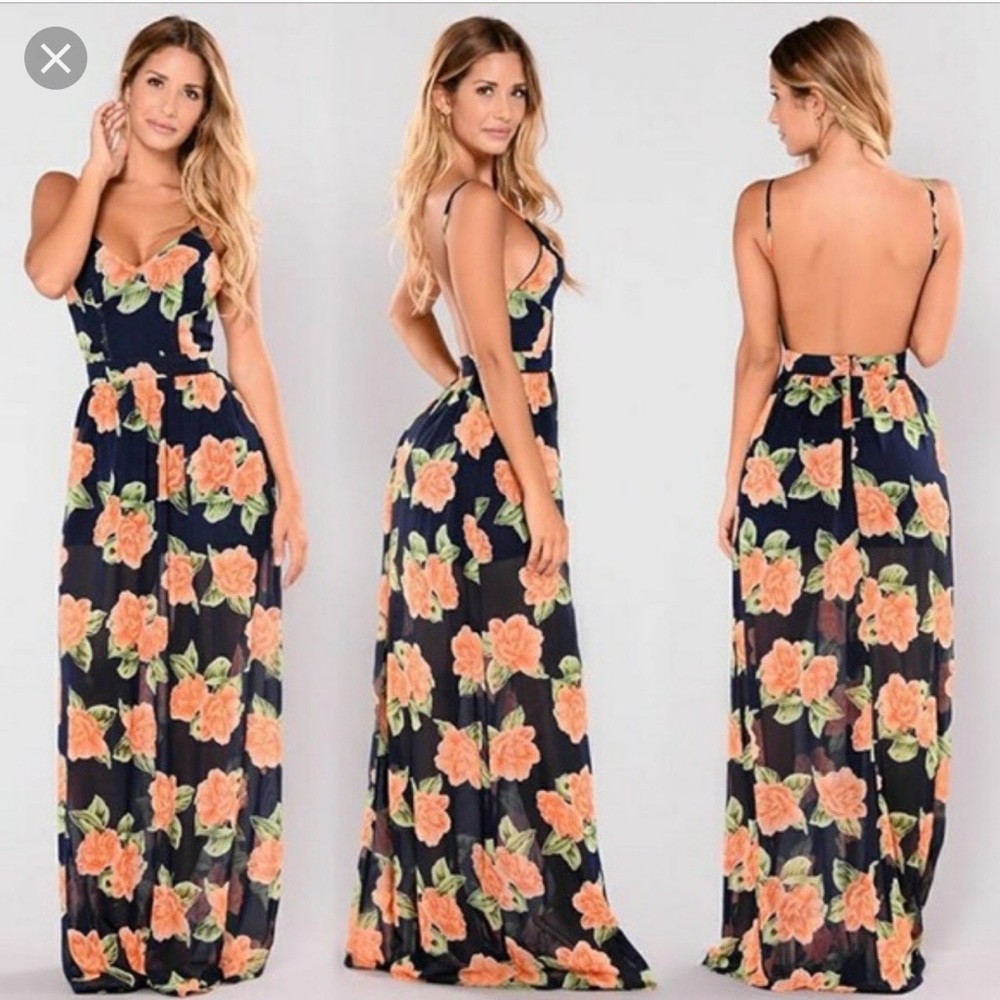 Navy & orange, floral, backless maxi dress